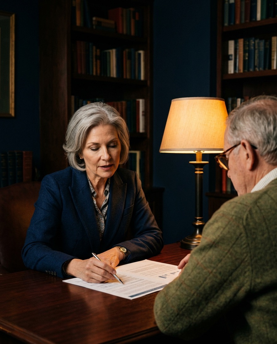 A Certified Annuity Advisor reviewing an annuity document with a retired client in a warm, lamp-lit study