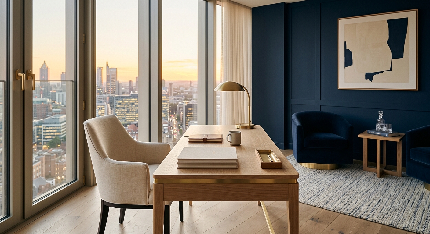 A calm, dignified private advisory office at golden hour with a navy accent wall and brass details
